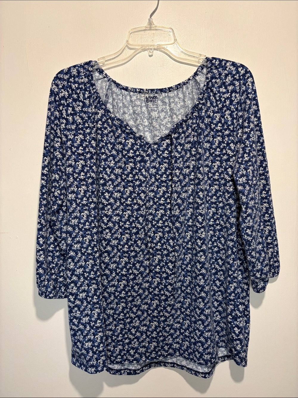 Lands' End Blue White Blouse Ditzy Floral 3/4 Sleeve Hi Low Tie Front SZ XL